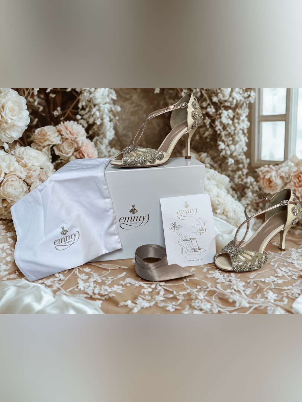Emmy London Francesca Leather Highly Embellished Stones Shells Bridal Heels
